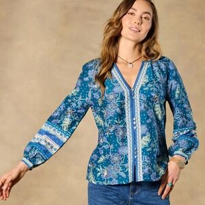 Sundance Arvilla Blouse Floral Top Button Sz Large Blue Cotton $98